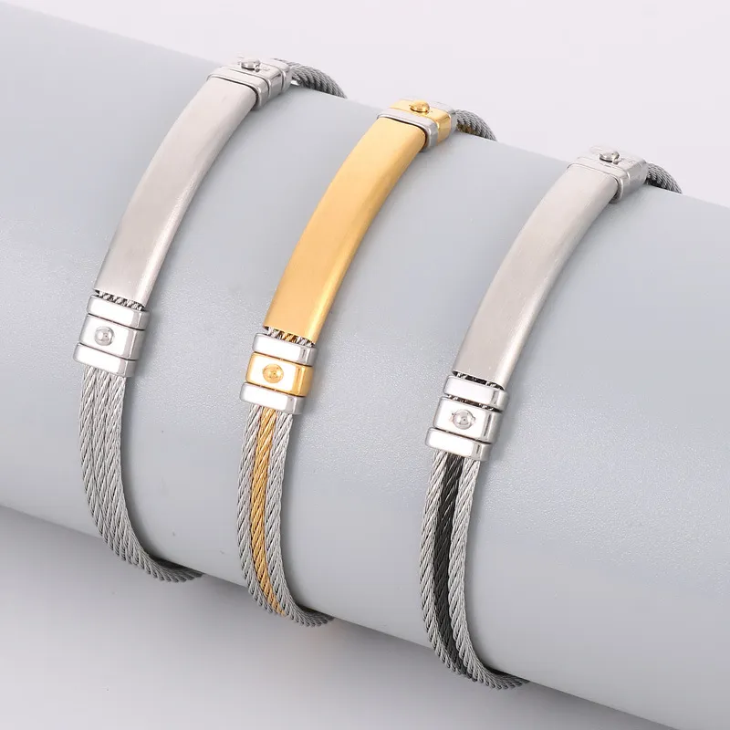 Stainless Steel Braided Three Row Steel Wire Rope Bangle with Curved Plate That Can Be Engraved with Letters