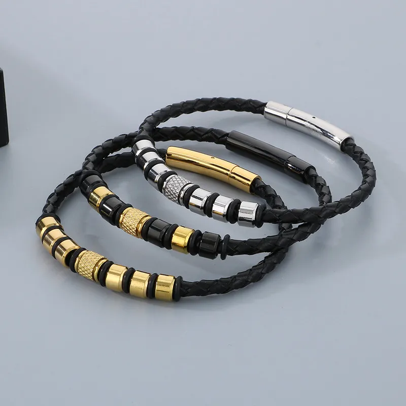 Trendy Men's Stainless Steel Unique Woven Geometric Mesh Leather Bracelet