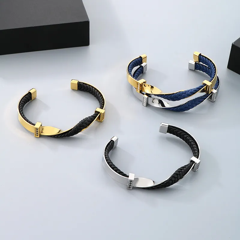Fashion Stainless Steel Twisted Pattern Diamond Inlaid C-Shaped Open Woven Leather Bracelet Men's Jewelry