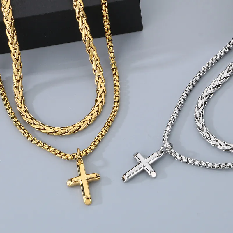 Fashionable Stainless Steel Creative Double-Layer Mixed Chain Hanging Cross Pendant Men's Necklace Accessories