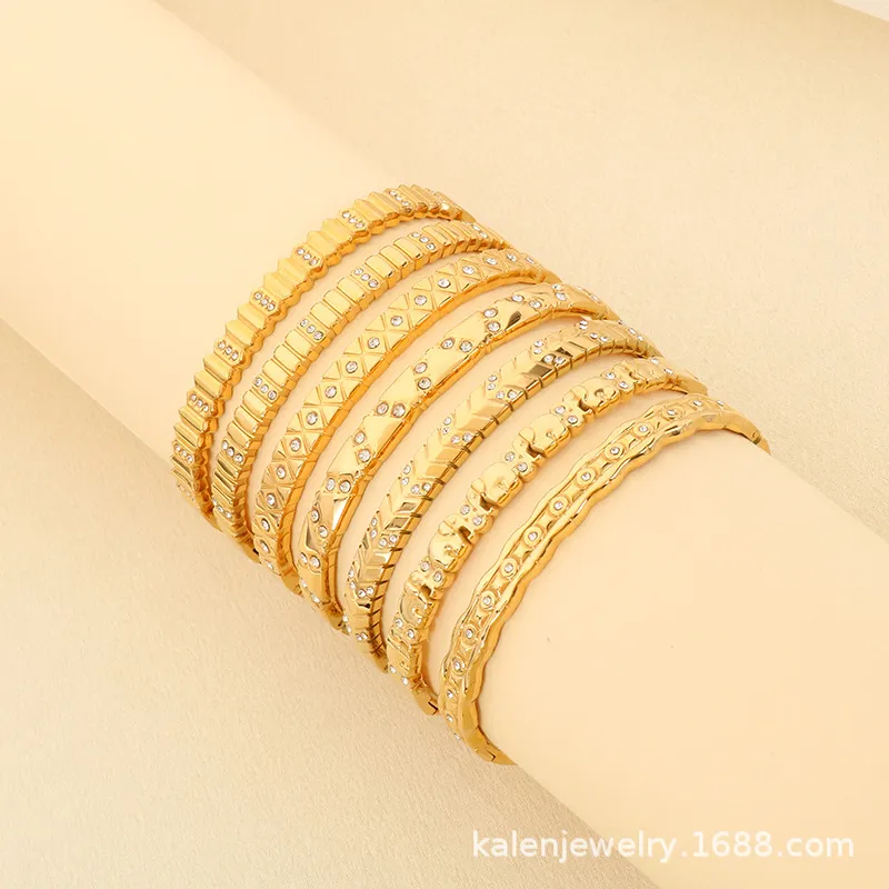 European and American Style Irregular Diamond-Encrusted Stainless Steel Bangles for Women