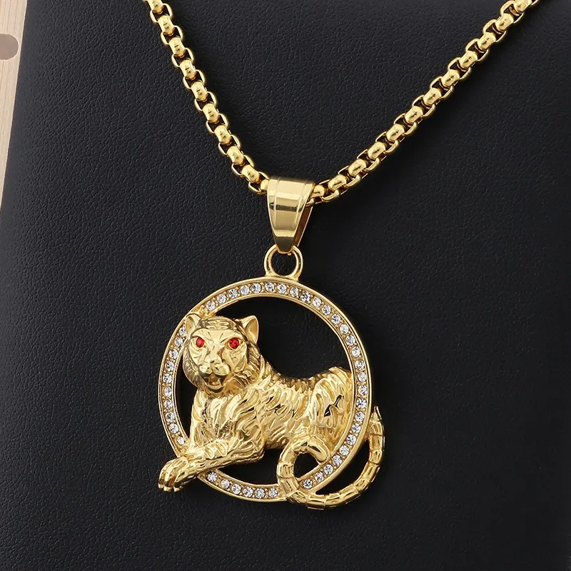 Personalized Rhinestone-Encrusted Animal Pendant, Hip-Hop Style Luxury Green, Red, and White-Eyed Tiger Stainless Steel Men's Pendant