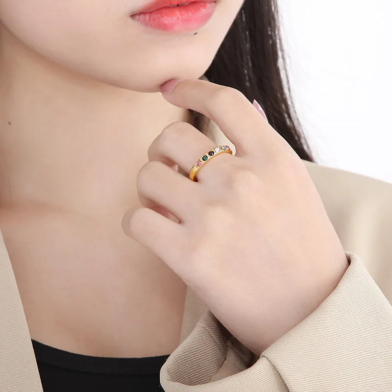 Fashion Colorful Diamond Ring Jewelry Gold Plated Titanium Steel Ring