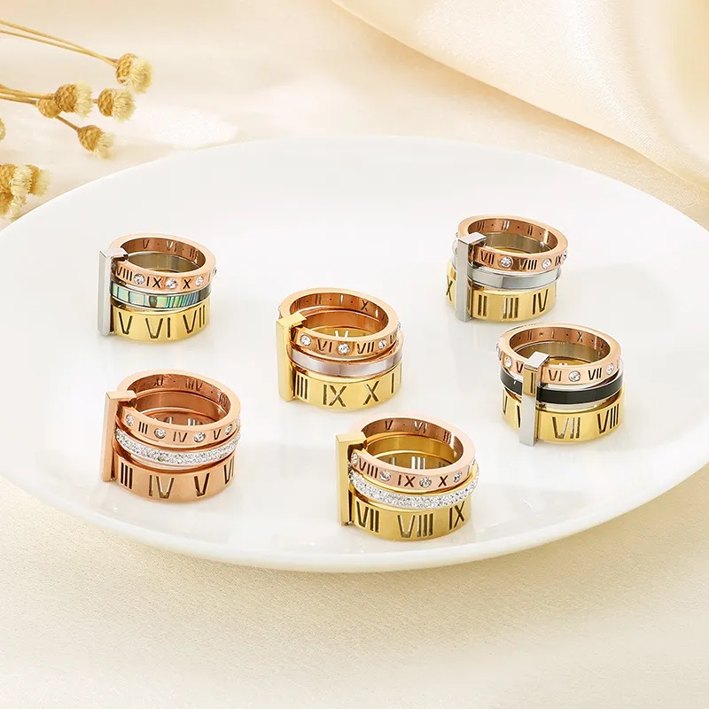 Elegant and Fashionable Stainless Steel Rhinestone Roman Numeral Jewelry Women's Ring