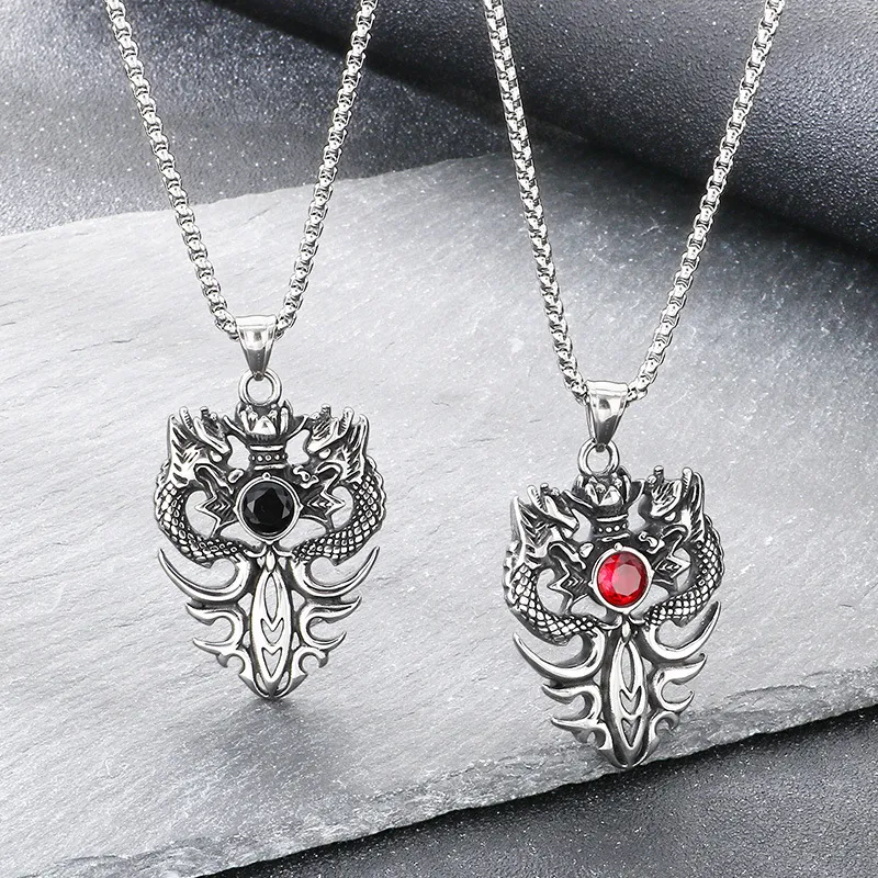 Aggressive Old Born Xiao Long Necklace China-Chic Antique Double Dragons Playing with Beads and Diamond Sword Stainless Steel Men's Pendant