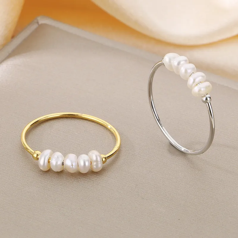 Natural Pearl Ring Gold Plated Stainless Steel Jewelry Freshwater Pearl Stacking Ring