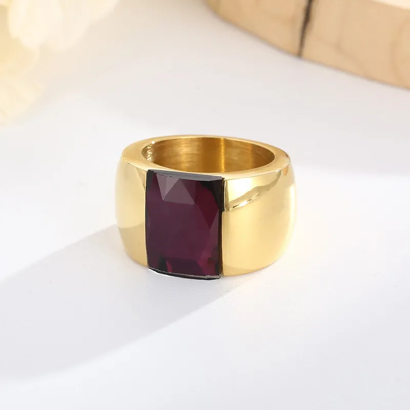 Fashionable Trendy Ladies Stainless Steel Multi-Color Personalized Glass Wide Ring Jewelry
