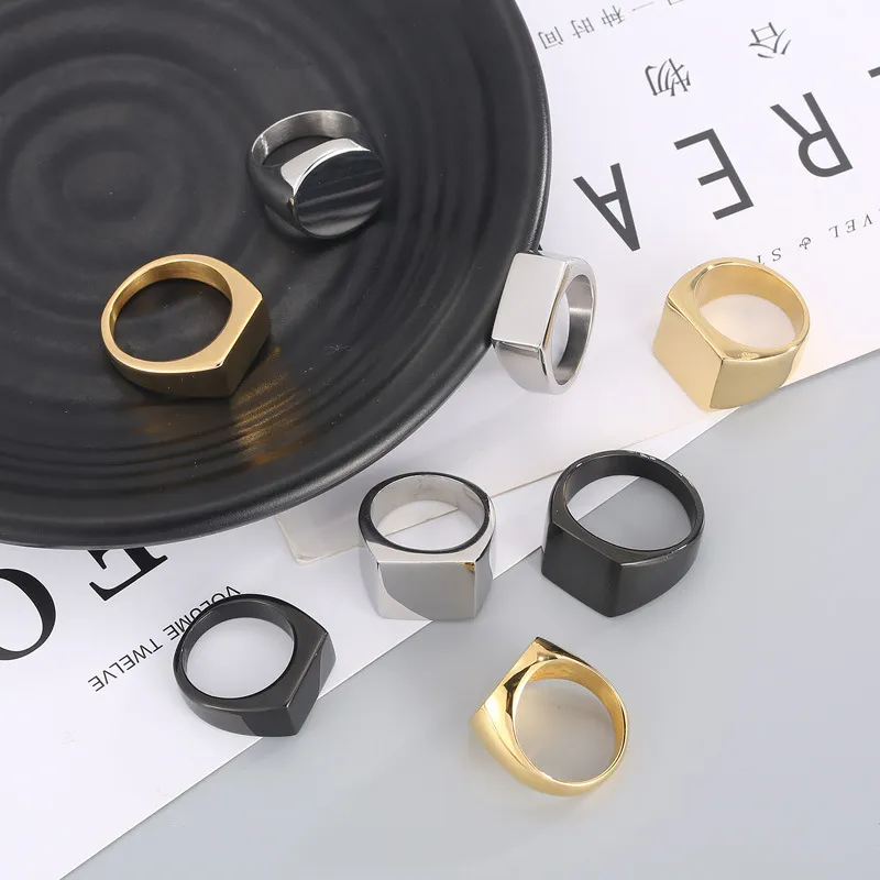 Geometric Surface Rectangular Laser Logo Black Cast Classic Stainless Steel Ring