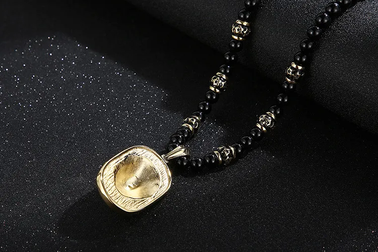 Stainless Steel Lion Head Pendant, Ethnic Style Buddhist Bead Bead Bead, Men's and Women's Long Necklace, Sweater Chain