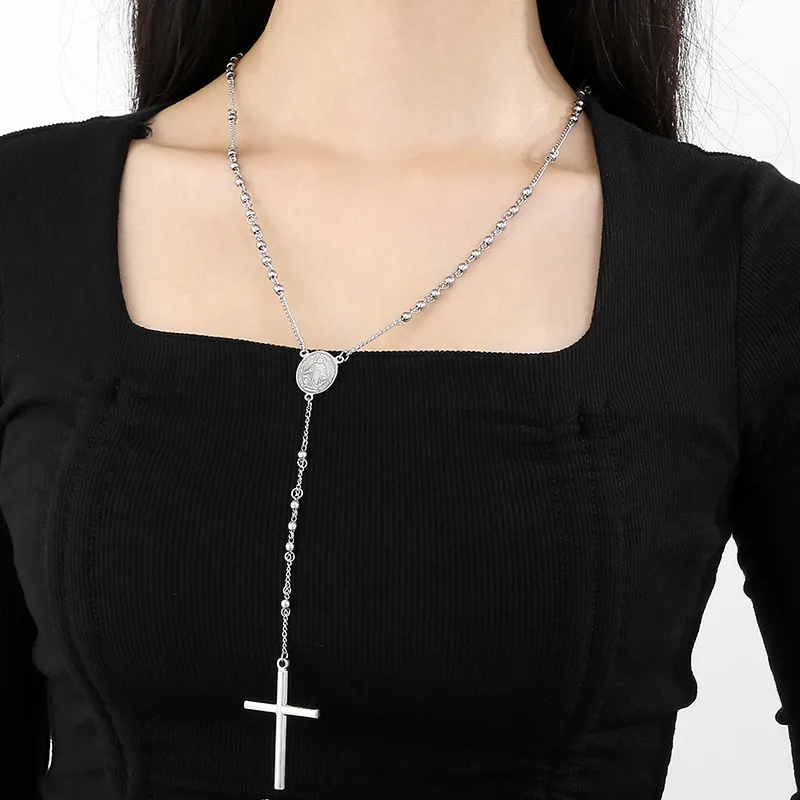 Stainless Steel Niche Design Cross Retro Beaded Necklace Clavicle Chain for Women