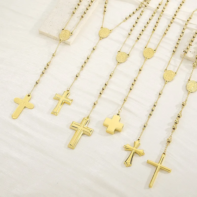 Stainless Steel Niche Design Cross Retro Beaded Necklace Clavicle Chain for Women