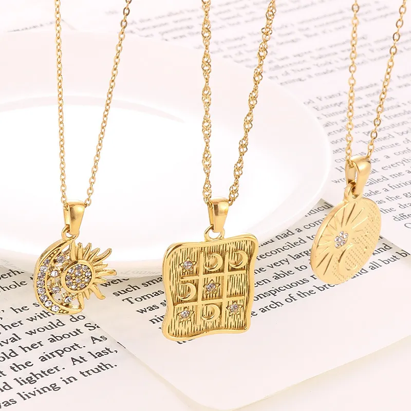 Irregular Pattern Square Necklace with Stars, Moon, Sun, and Entertainment Pendant Inlaid with Zircon Stainless Steel Necklace