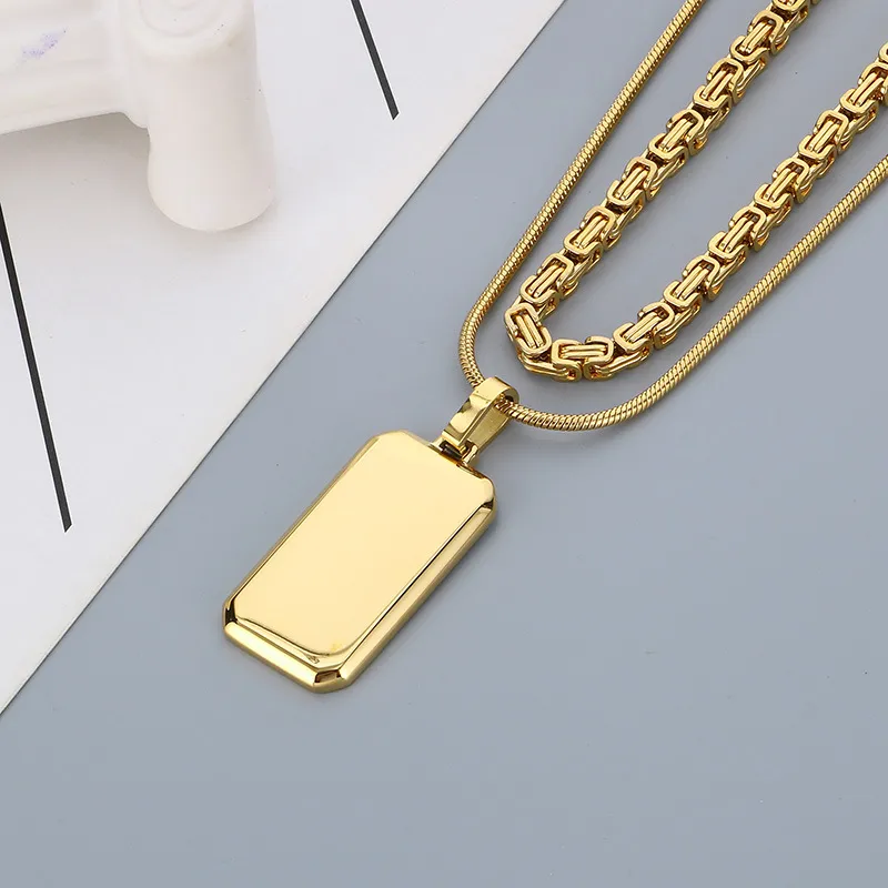 Trendy and Cool Emperor Chain Square Brand Necklace for Men, Double Layered Stainless Steel Military Brand Pendant Supporting Engraving