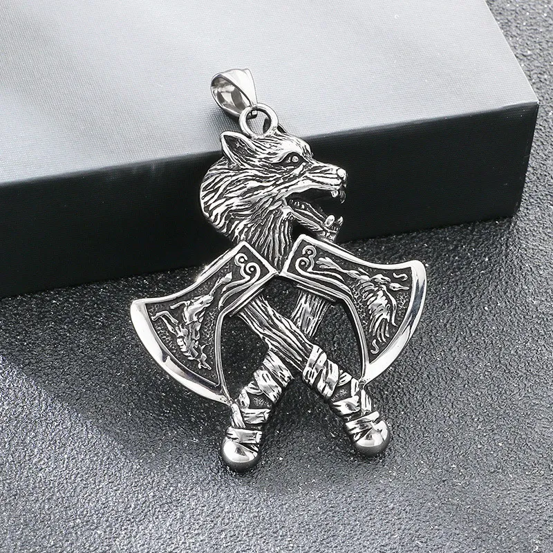 Nordic Viking Wolf Head Battle Axe Pendant Exaggerated and Powerful Retro Celtic Knot Battle Hammer Stainless Steel Men's Accessory