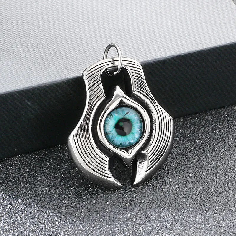 Trendy Axe Devil's Eye Pendant, Ethnic Style Retro Blue Turquoise Feather Pendant, Stainless Steel Men's Accessory