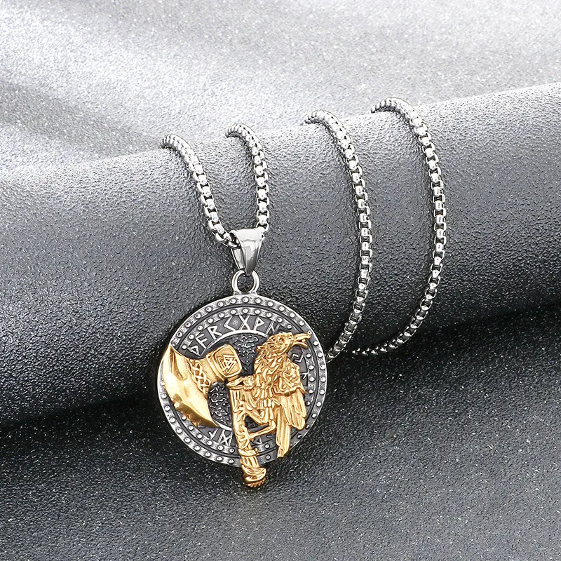 Nordic Viking Mythical Battle Axe Crow Totem Accessory Retro Mighty Double Wolf and Crow Stainless Steel Men's Pendant