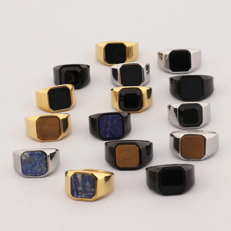 Natural Stone Lapis Lazuli Tiger Eye Black Onyx 18K Gold/Silver/Black Signet Ring