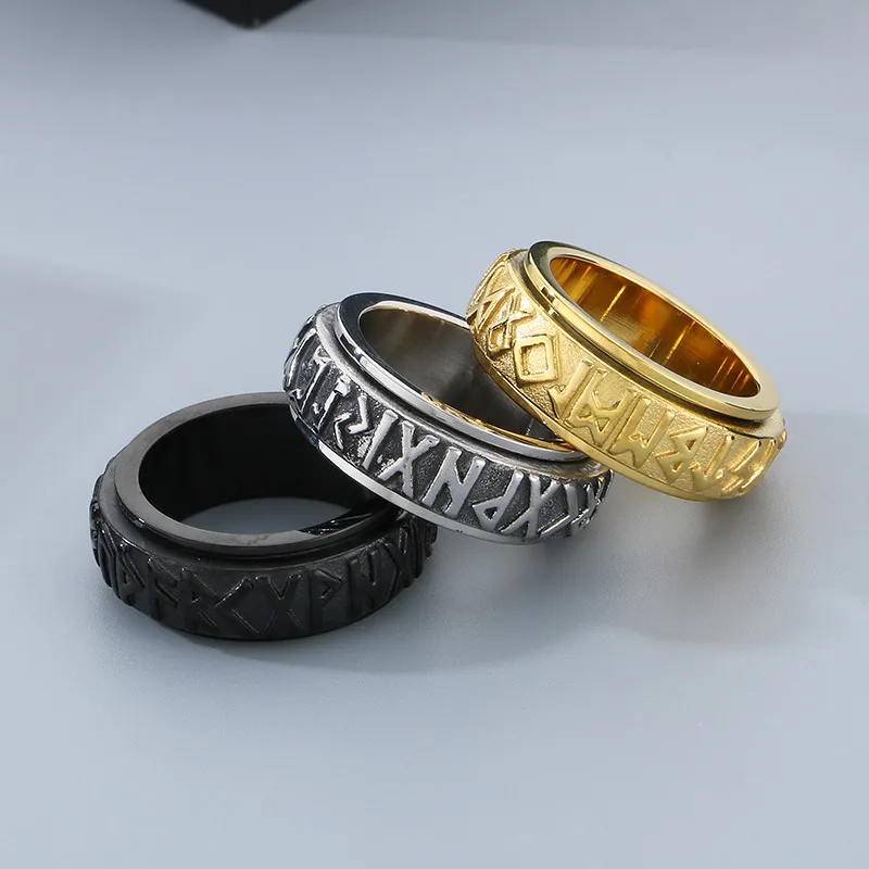 Fashion Retro Stainless Steel Creative Nordic Viking Rune Rotatable Ring Jewelry Wholesale