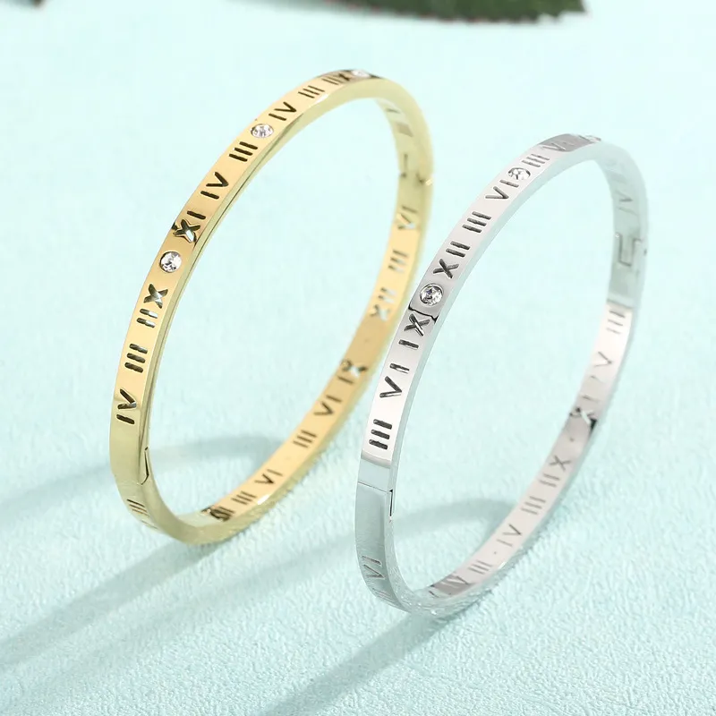 Luxurious Diamond-Encrusted Roman Numeral Stainless Steel Bracelet and Couple Rings