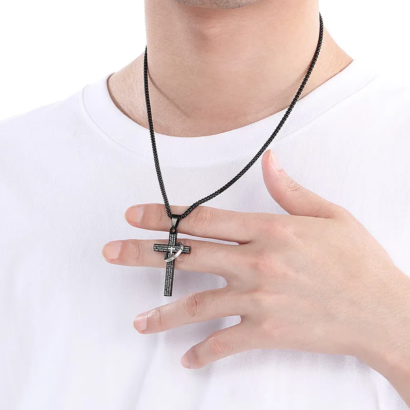 Stainless Steel Jewelry Cross Scripture Pendant Necklace for Both Men and Women