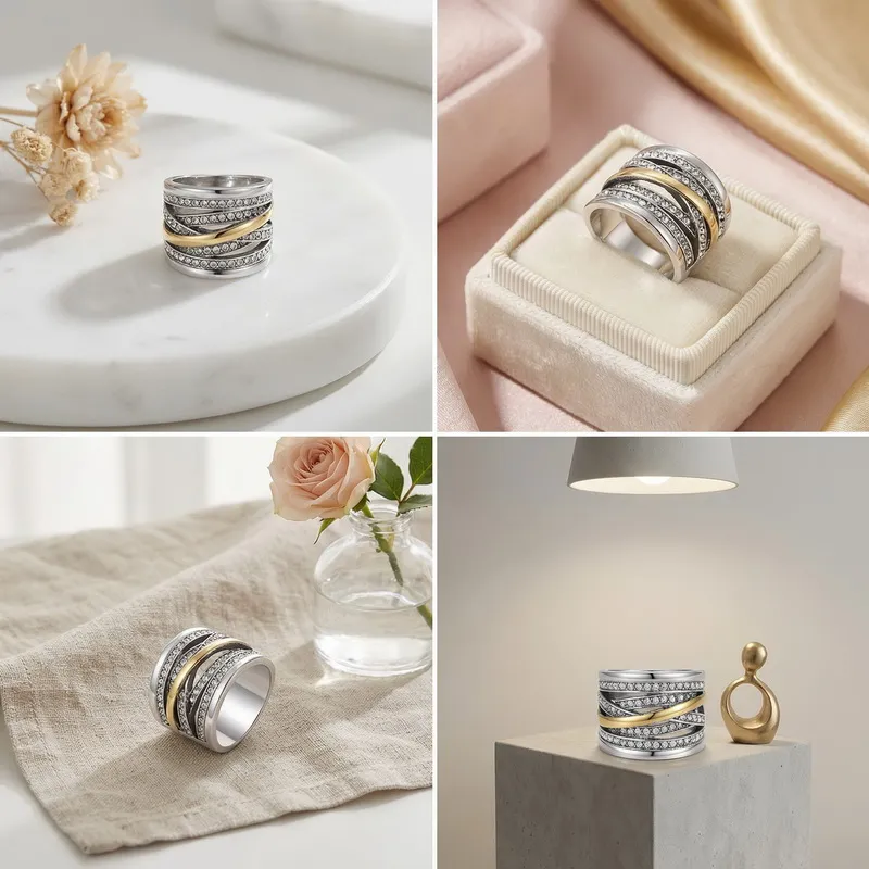 Fashion Entwined Multi-Band Shiny Zircon Ring Stainless Steel Vintage Oversized Wide Ring