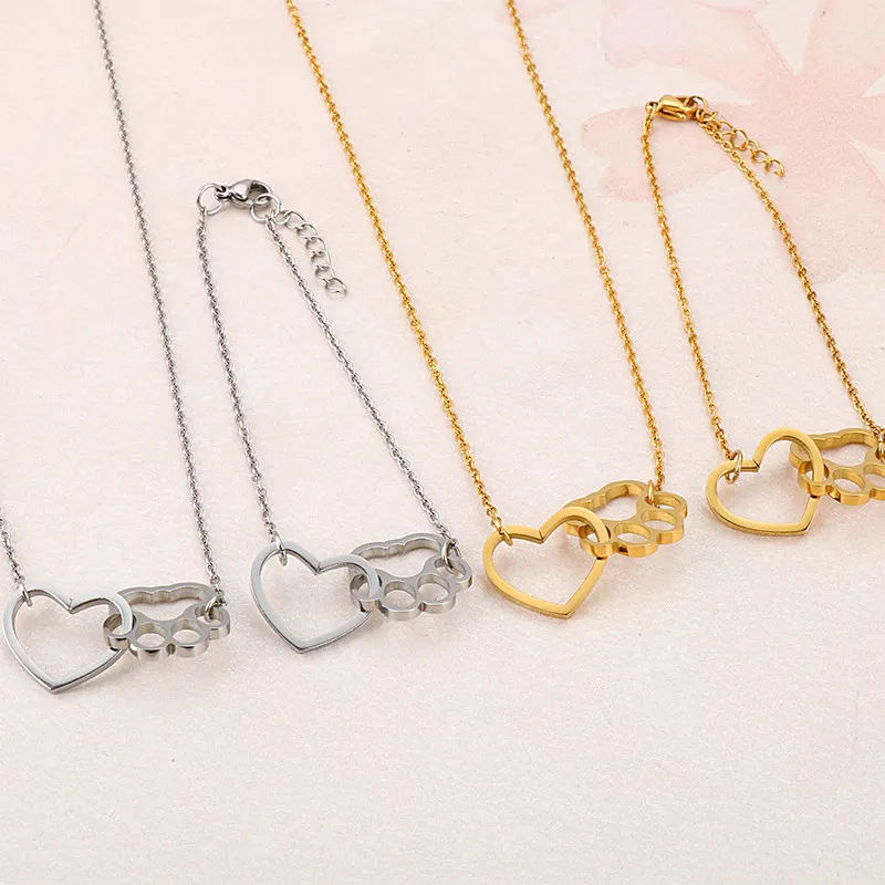 New Creative Heart-Shaped Cute Cat Paw Stainless Steel Necklace and Bracelet Jewelry Sets