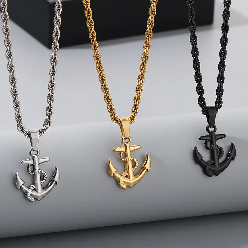 Stainless Steel Boat Anchor Pendant Necklace, Trendy Men's Personalized Retro Cross Jewelry