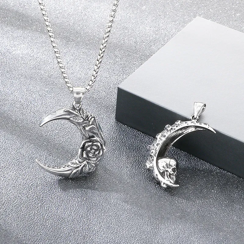 Gothic Style Dark Crescent Rose Pendant Punk Retro Personality Skull Moon Stainless Steel Men's Pendant