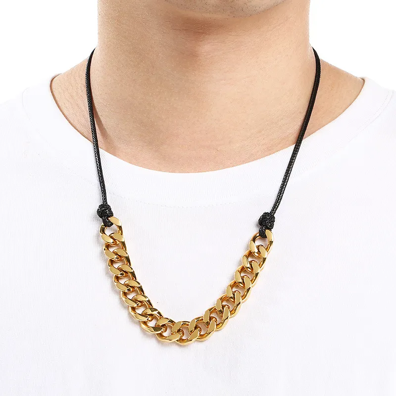 Vintage Western Cowboy Style Black Wax Rope Splicing Cuban Chain Long Adjustable Stainless Steel Men's Pendant Necklace