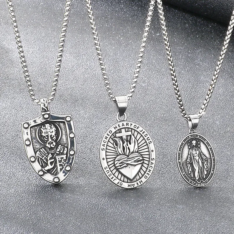 Personalized Double Sided Totem Guardian Talisman Shield Pendant Retro Portrait Cross Sacred Heart Stainless Steel Men's Pendant