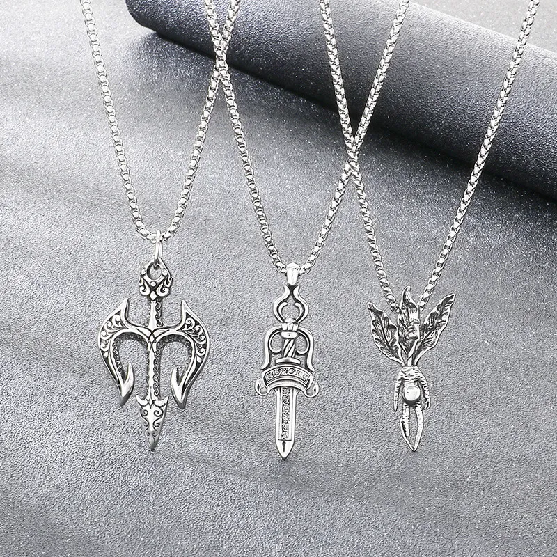 Cross Border Domineering Sea God Trident Dry Pendant Retro Magic Mandela Grass Sword Stainless Steel Men's Pendant Accessory