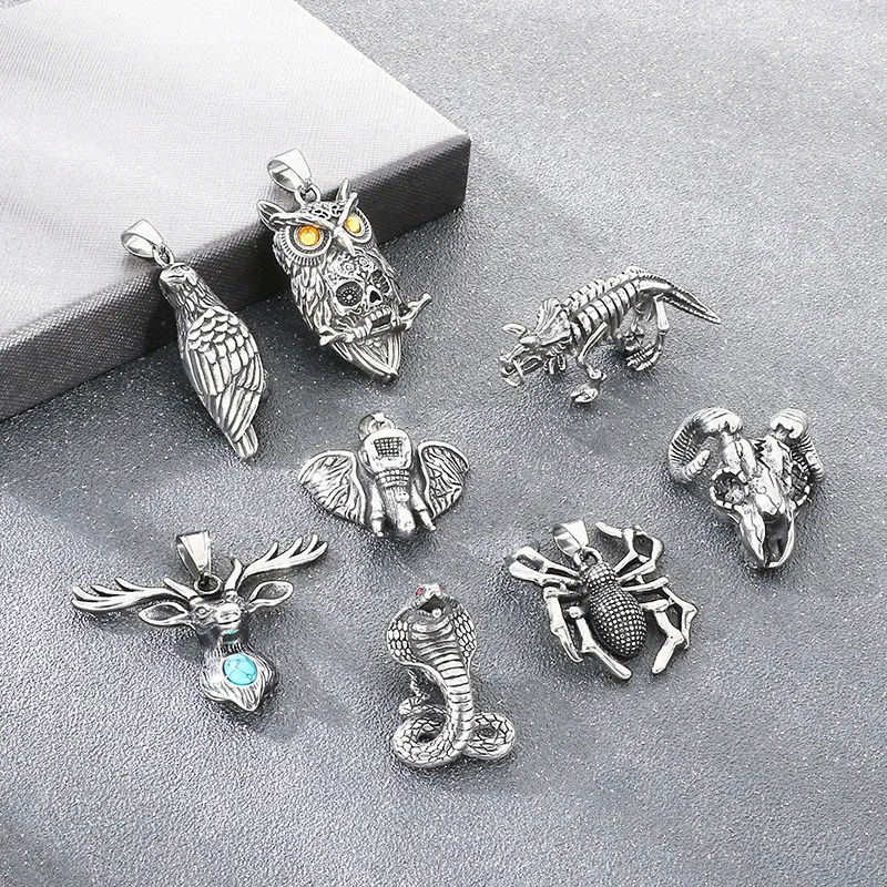 Exaggerated Animals, Elk, Cobras, Auspicious Elephants, Dinosaur Accessories, Halloween Spiders, Sheep Horns, Skeletons, Stainless Steel Men's Pendant