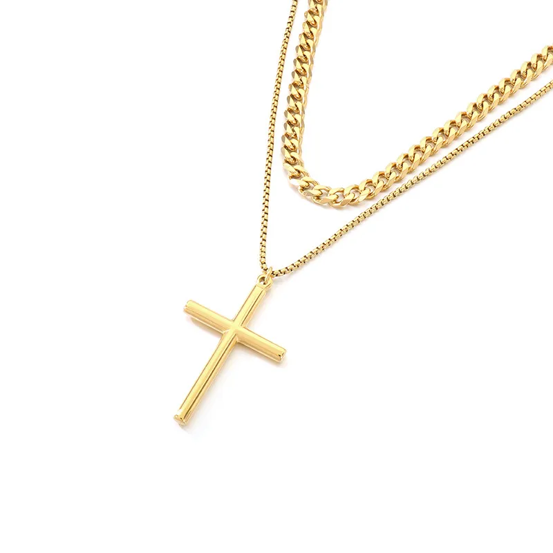 Simple Smooth Cross Pendant Necklace, European and American Six Sided Ground Square Pearl Chain, Double Layered Men's Necklace