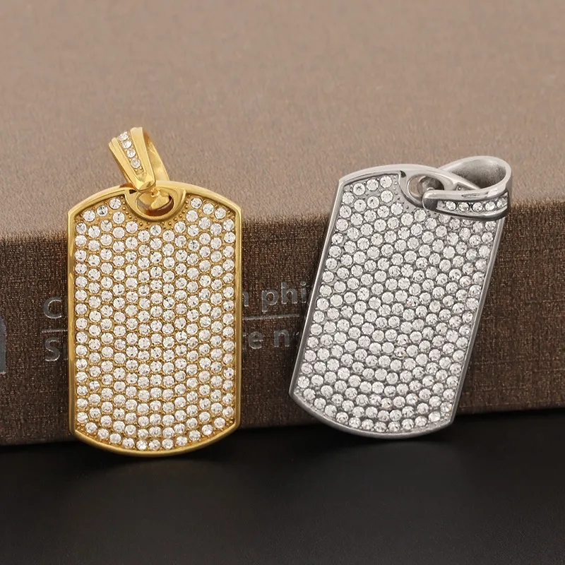 Personalized Trendy Straight-Cut Square Pendant, European and American Rock and Hip-Hop Fashion, Studded with Rhinestones, Stainless Steel Men's Necklace