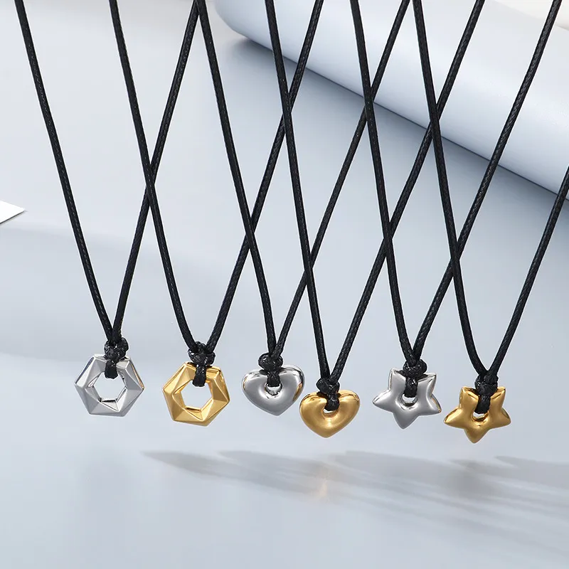 Popular Heart-Shaped Sweater Chain Necklace with Creative Fashion, Wax Rope, Five Pointed Star, Hexagonal Stainless Steel Pendant Necklace