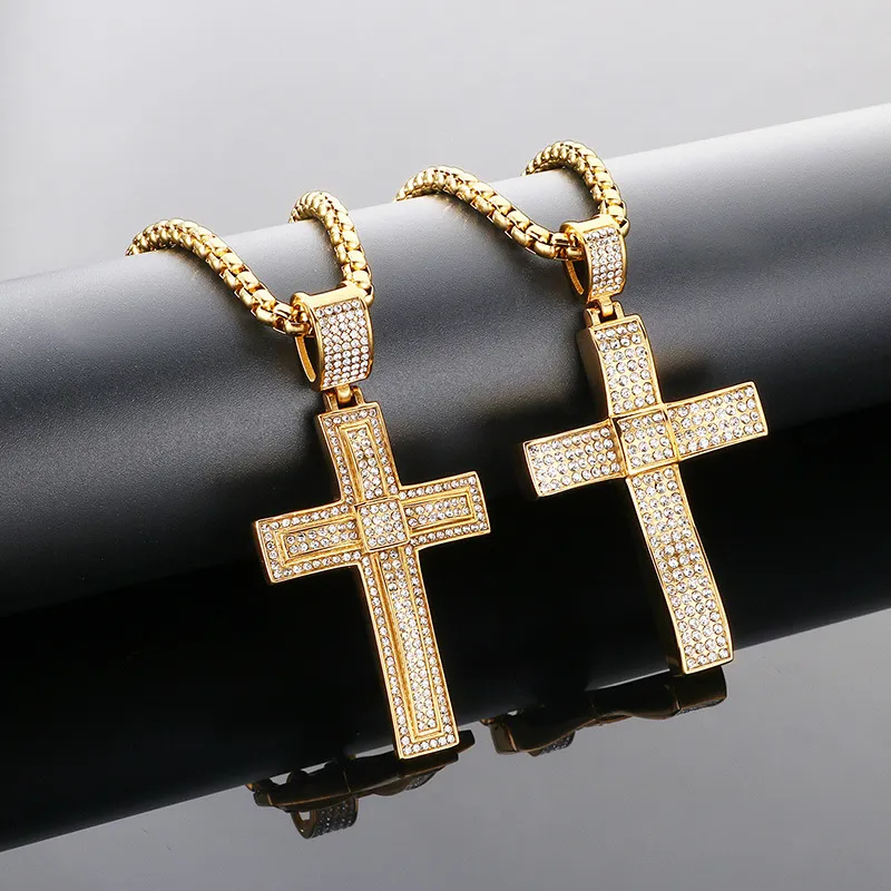 Personalized Bear Paw Pendant Hip Hop 3D Double Layer Cross with Diamond Pendant Stainless Steel Male and Female Accessories