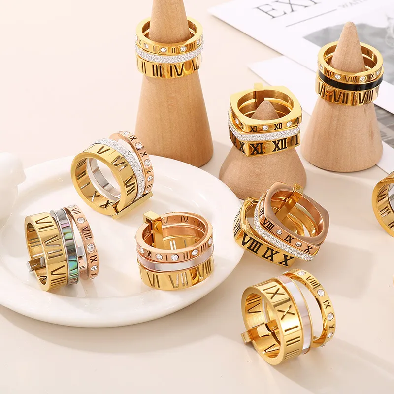 Creative Trendy Unisex Stainless Steel Epoxy Resin Combined Diamond-Embedded Roman Numeral Ring