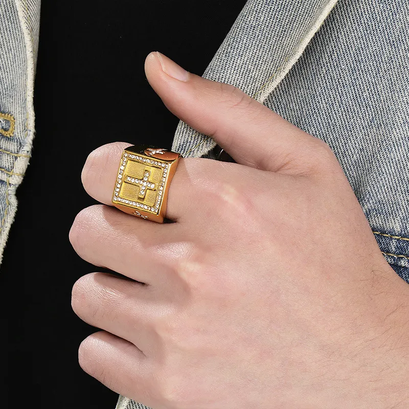 Fashion Lion Head Square Ring Hip Hop Rhinestones Cross Tai Chi Stainless Steel Men's Ring