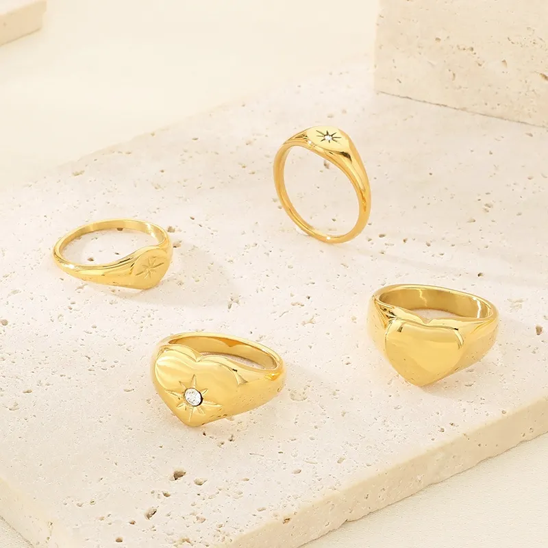 Simple Heart-Shaped Diamond-Encrusted Eight-Pointed Star Ring Multi-Color 18K Gold-Plated Stainless Steel Ring