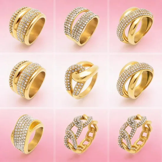 Personalized Oversized Stainless Steel Ring Irregular Double Row Diamond Geometric Rings Wholesale