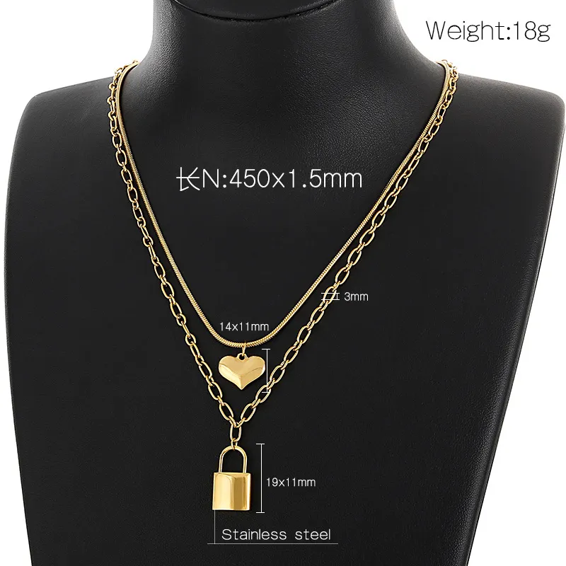 Double-Layered Jewelry Creative Padlock Heart-Shaped Stainless Steel Necklace for Women