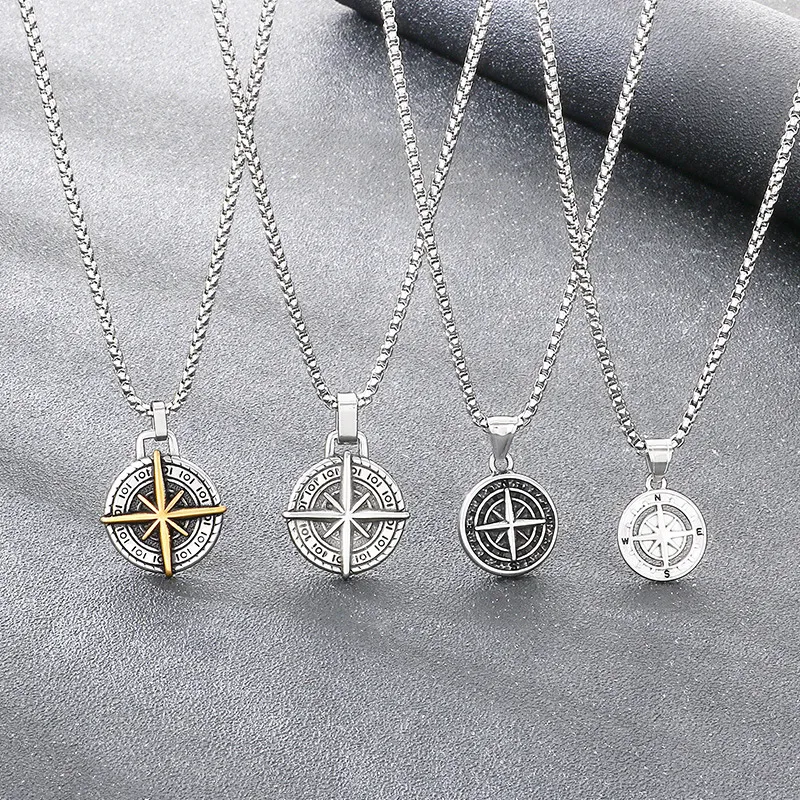 Trendy Compass Compass Circular Accessory Punk Style Retro Coin Compass Stainless Steel Men's Pendant
