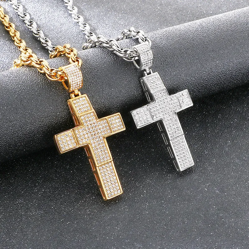 Trendy Fried Dough Twists Chain Hip Hop Full Diamond Double Cross Hollow Pendant Stainless Steel Men's Necklace
