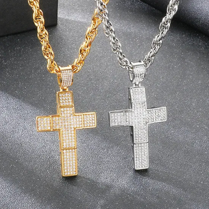 Trendy Fried Dough Twists Chain Hip Hop Full Diamond Double Cross Hollow Pendant Stainless Steel Men's Necklace