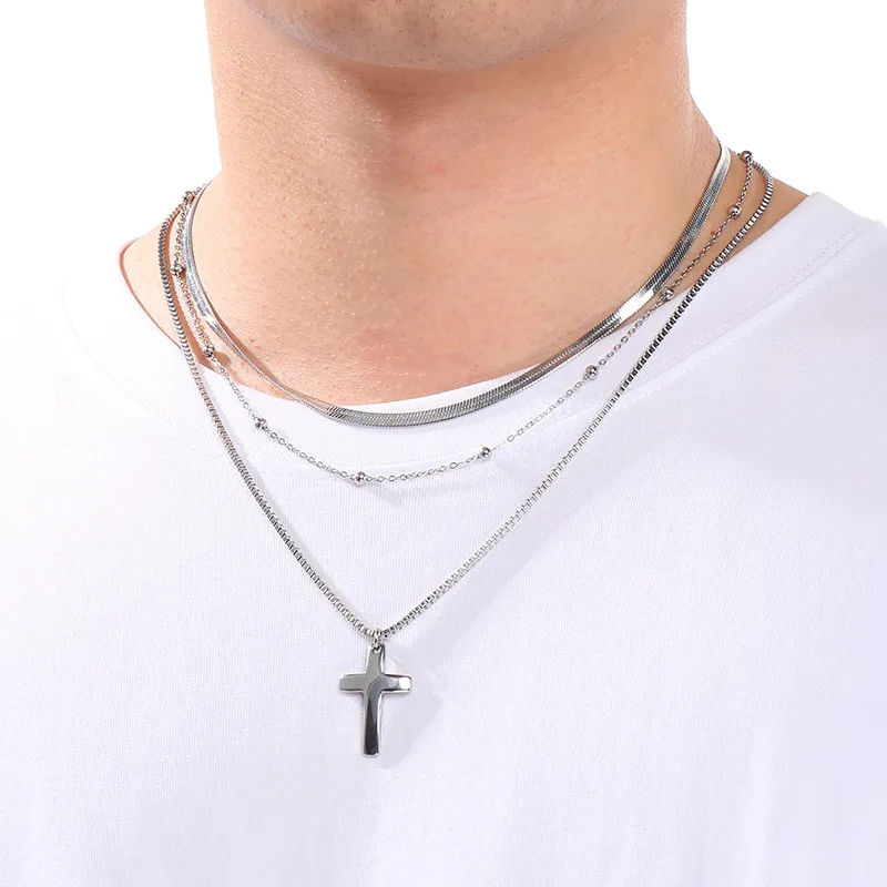 European and American Flat Snake Chain Multi-Layer Chain Necklace Retro Stainless Steel Box Chain Cross Pendant Men's and Women's Necklace