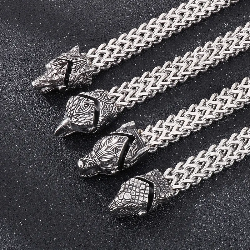 Cross-Border Nordic Viking-Style Eagle Beak Jewelry, Punk Retro Wolf Head and Snake Head Reversible Chain Stainless Steel Men's Bracelet