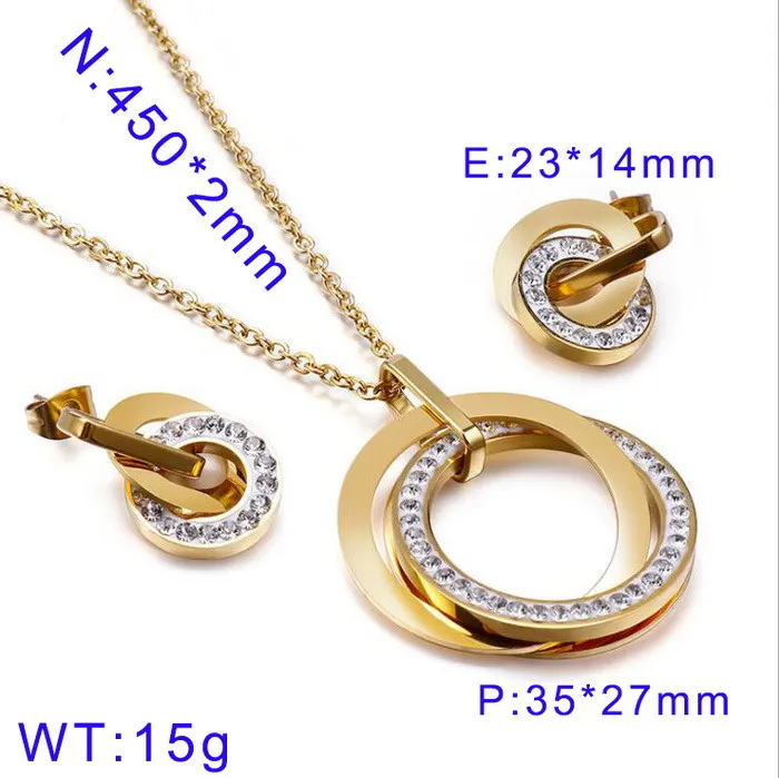 European American Stainless Steel Jewelry Double Interlocking Diamond-Embedded Women's Jewelry Set Wholesale