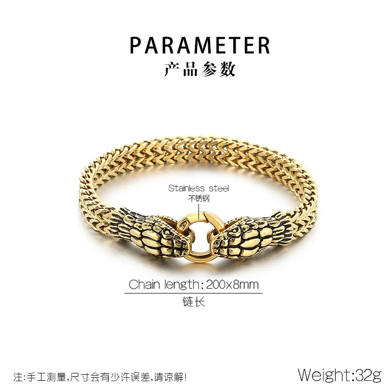 European and American Cold Style Stainless Steel Double Snake Head Bracelet Personalized Retro Trendy Jewelry for Men
