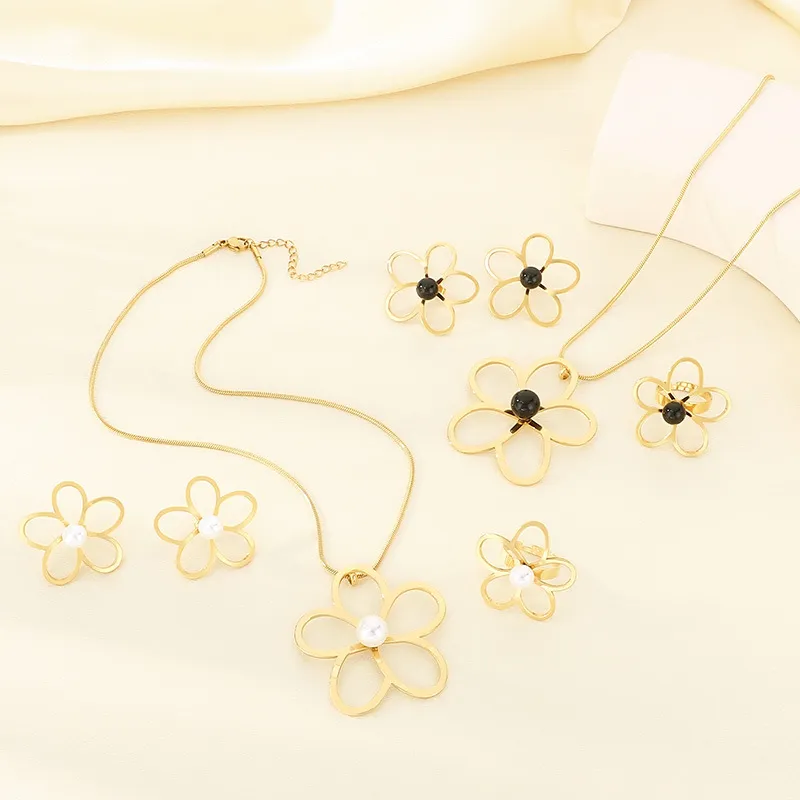 Fashion 4-Piece Hollow Flower Pearl Blue Natural Stone Inlay Stainless Steel Jewelry Set