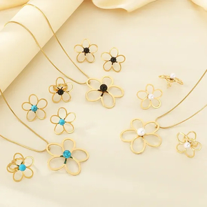 Fashion 4-Piece Hollow Flower Pearl Blue Natural Stone Inlay Stainless Steel Jewelry Set
